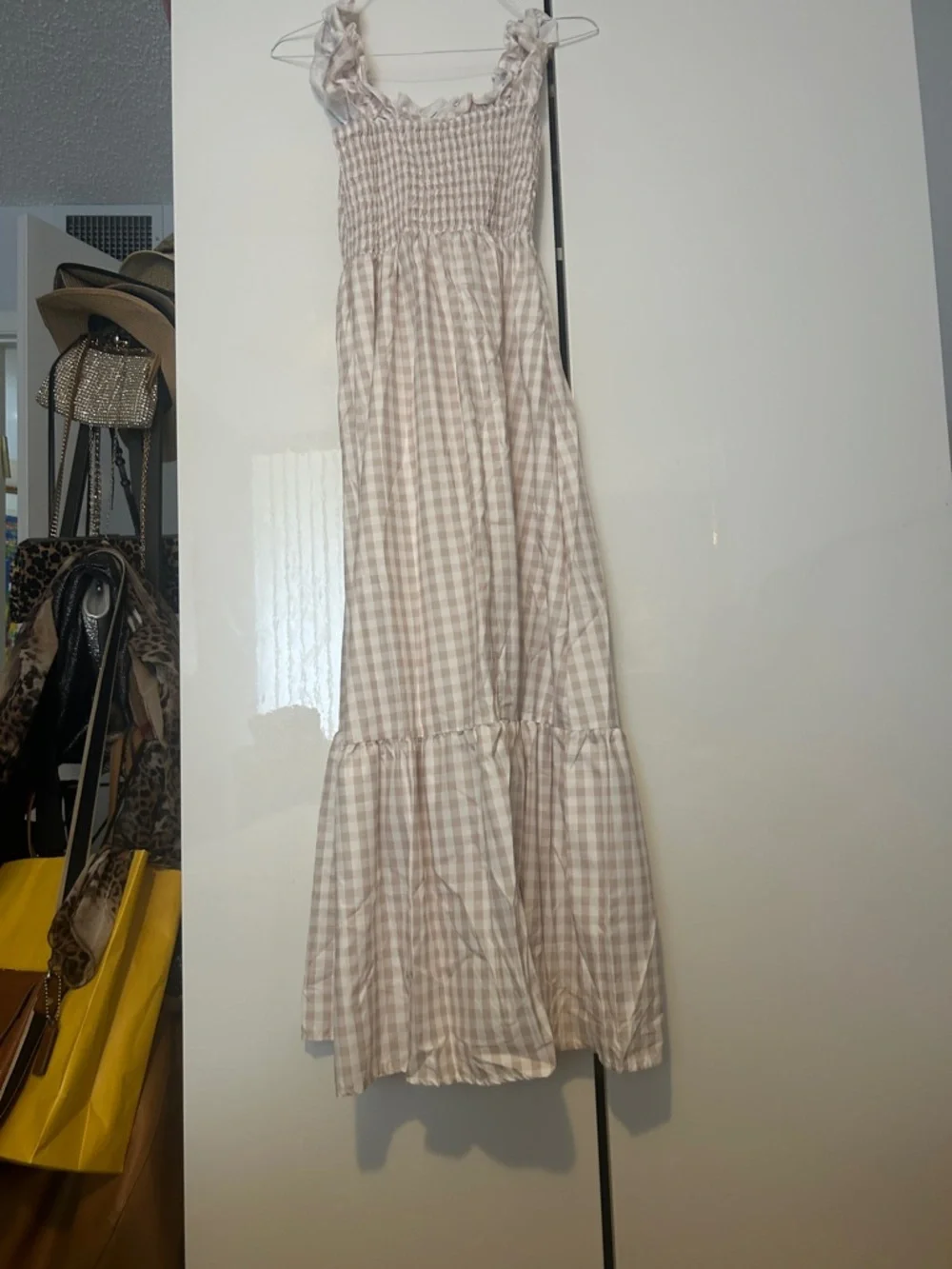 Gingham Smocked Maxi Dress in Light Beige - Picture 1 of 1